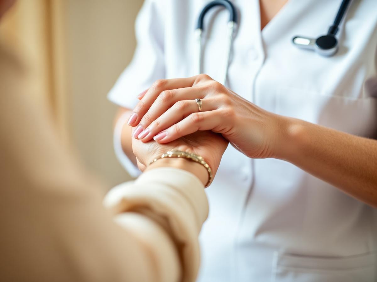 Bàn tay điều dưỡng nắm tay người cao tuổi