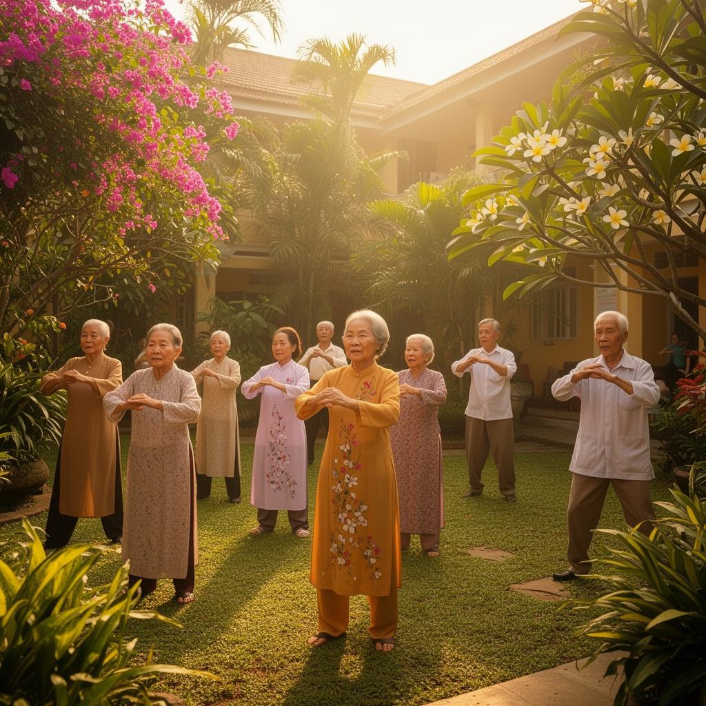 Dưỡng sinh sớm mai trong sân vườn